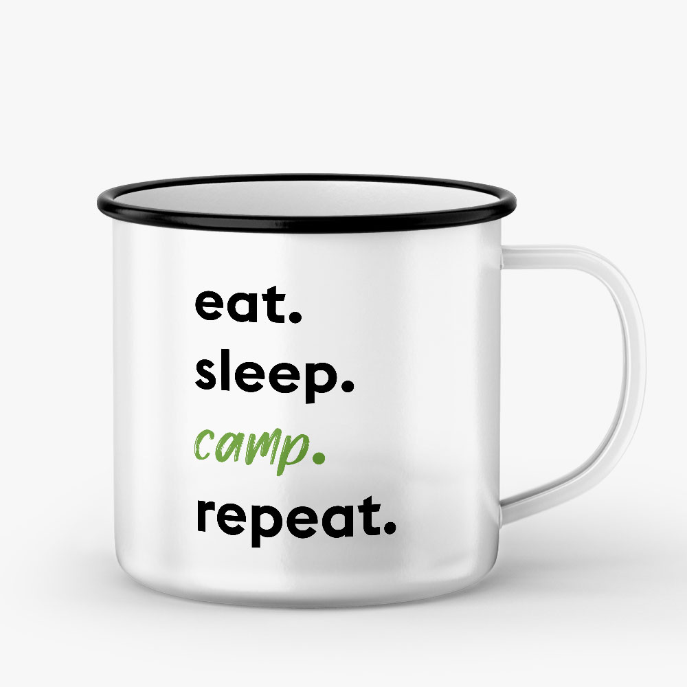 "eat.sleep.camp.repeat" Emaille Tasse   